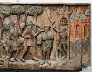 Gestühl der Rigafahrer, um 1360/70 Eiche, geschnitzt, Originalbemalung Stralsund, St. Nikolai © Edition herre; Foto: Volkmar Herre